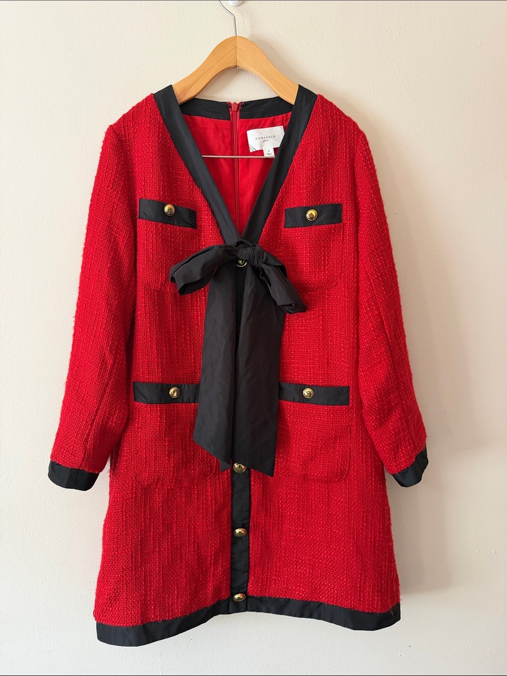 Pomander Place Coco Tweed Bow Dress in Red and Black Gold Buttons Size S - Picture 2 of 6